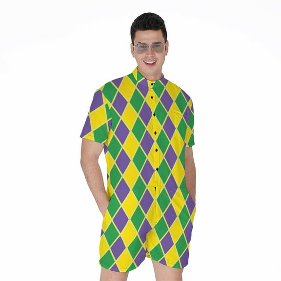 Purple Green And Yellow Mardi Gras Short Sleeve Men'S Rompers, Mardi Gras Casual Summer Jumpsuits Outfit