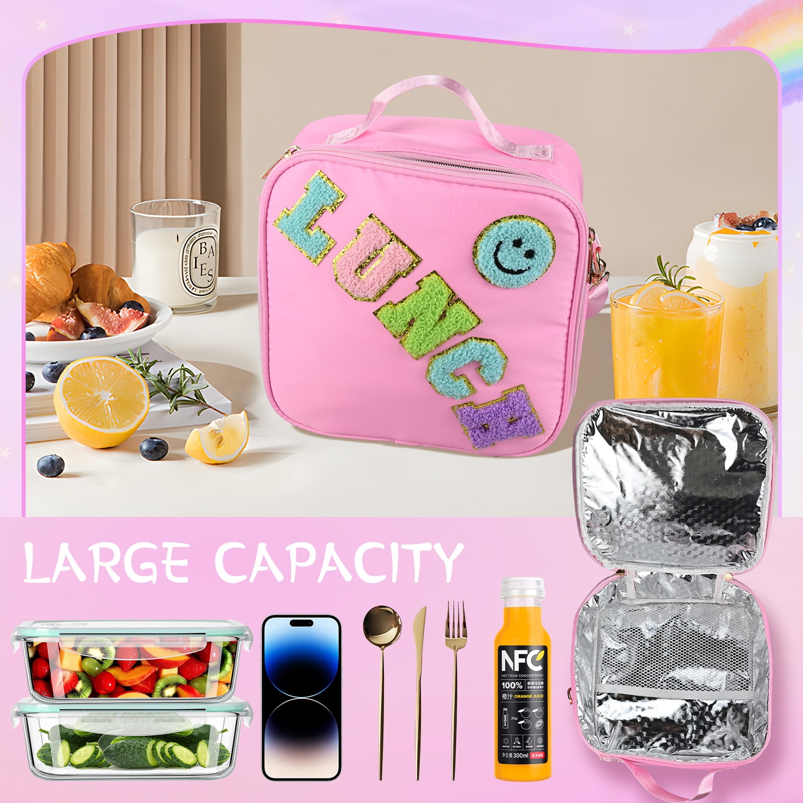 Smiley Nylon Insulated Lunch Bag with Adjustable Shoulder Strap, Preppy Lunch Bag, Reusable School Girls Preppy Lunch Box, Kids Lunchbox, Lunch Box for Women