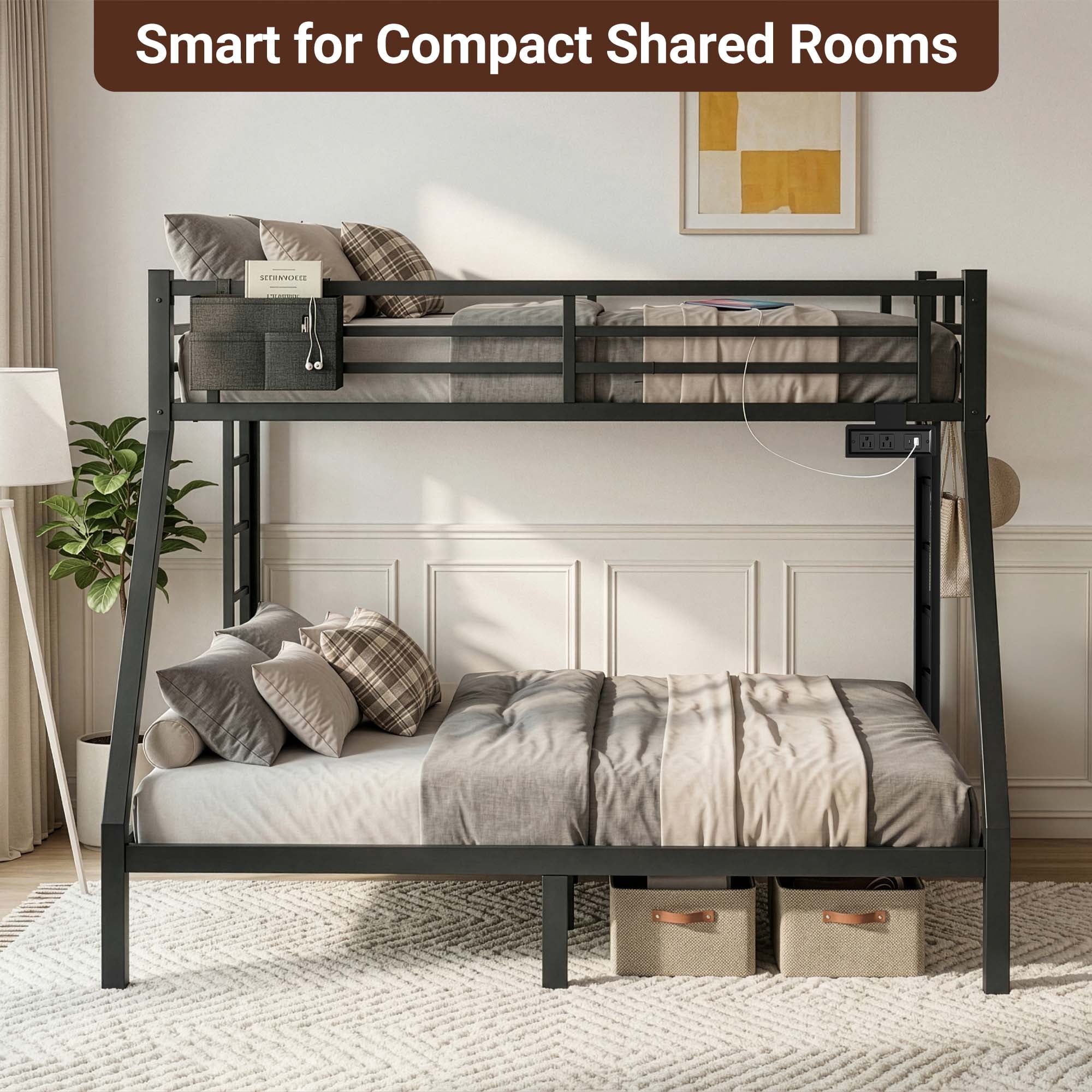 Miniyam Twin Over Full Metal Bunk Bed with Charging Station, LED and Storage for Teens and Adults, Black