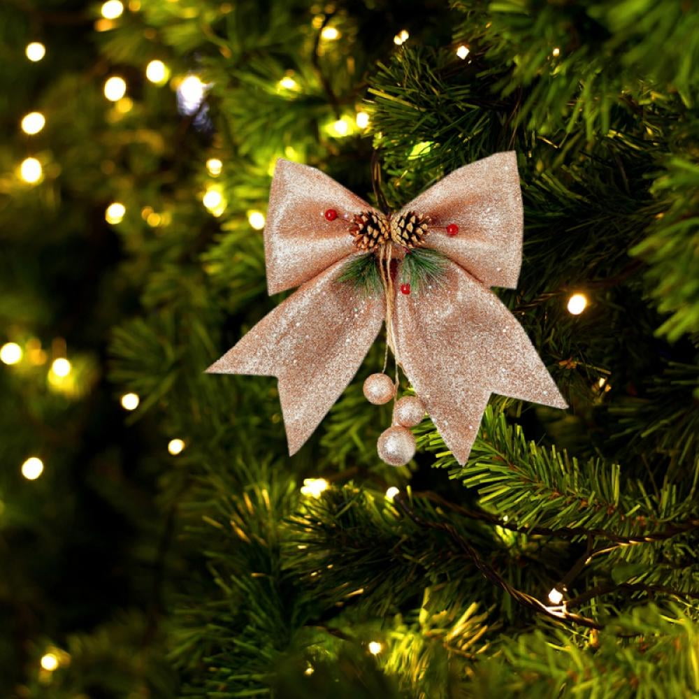 Christmas Decorative Bow, 9.8 x 11.8in Large Glitter Bow Sparkly Bowknot with Pine Cones for Wreath Garland Treetopper Xmas Tree Ornament Home Wall Door Decor