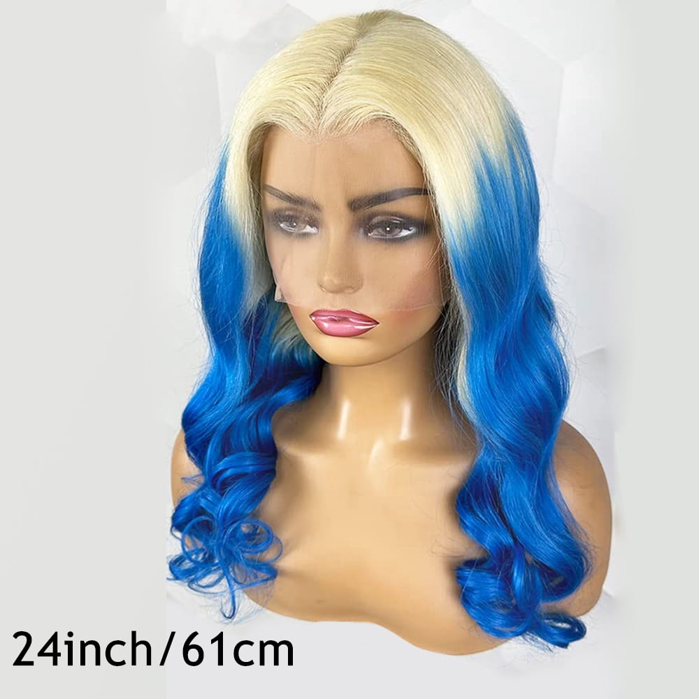 Mscathy Ombre Honey Blonde Blue Colored Brazilian Human Hair Lace Front Wig Bleached Knots Body Wave Remy Hair 180% Density 13x4 Lace Frontal Wigs For Women Party Vacation