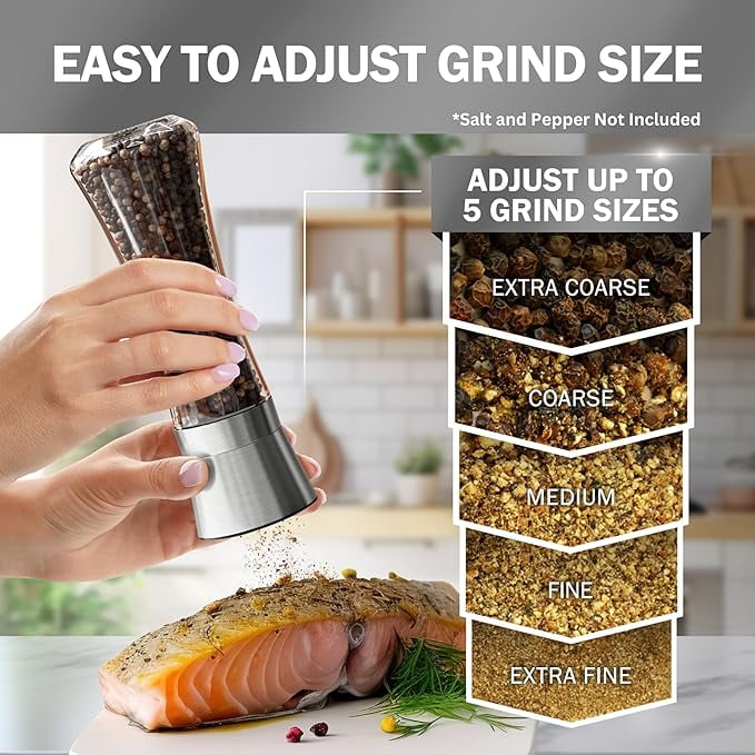 Premium Stainless Steel Sea Salt and Pepper Grinder Set of 2 - Adjustable Ceramic - Tall Glass Salt and Pepper Shakers - Kitchen Spice Mill W/Funnel & EBook