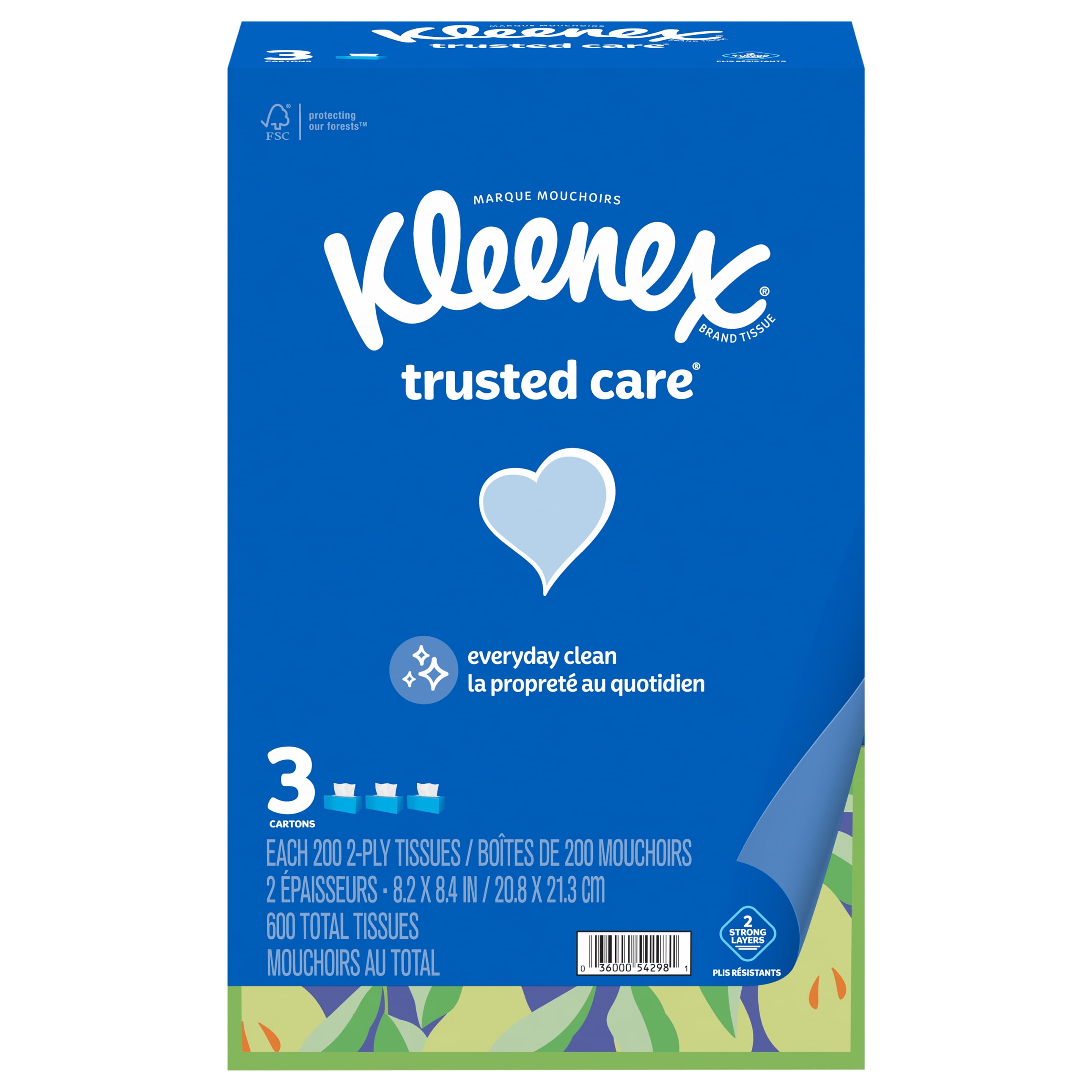 Kleenex Trusted Care 2-Ply Facial Tissues, 3 Flat Boxes, 600 Total Tissues
