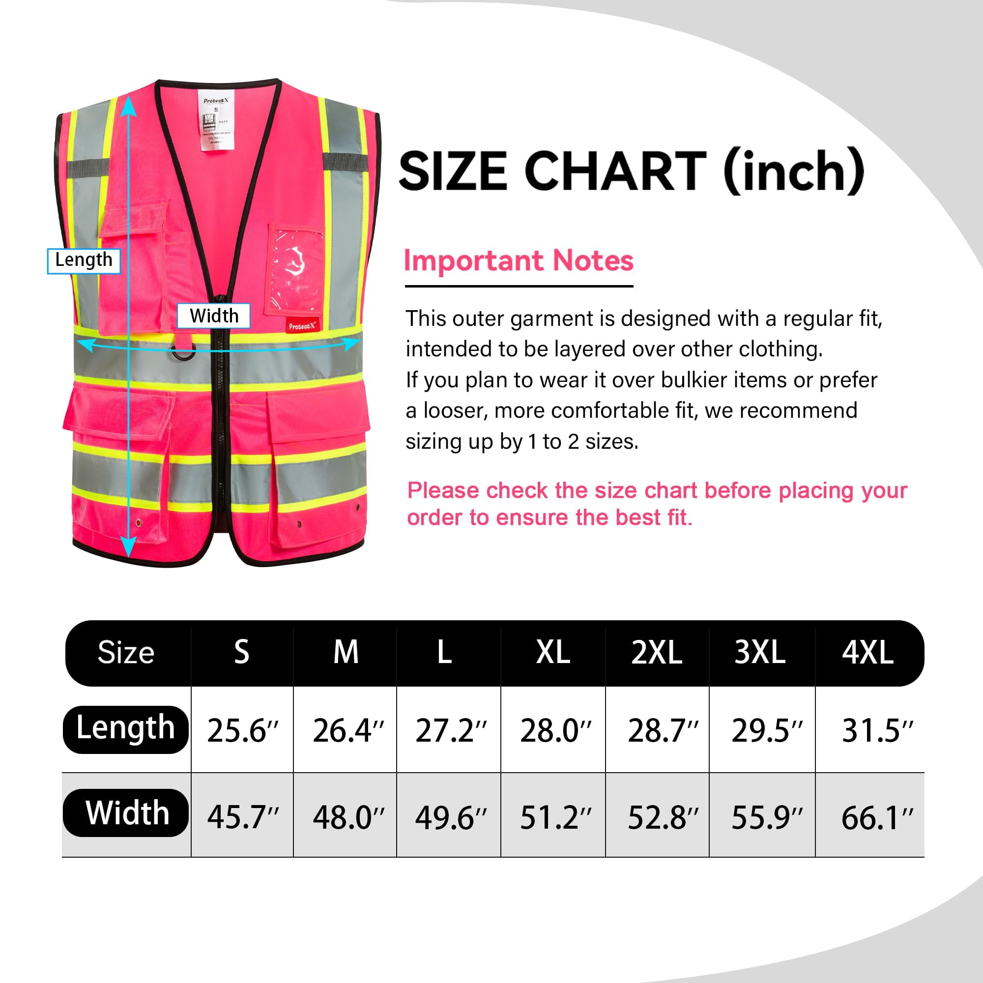 ProtectX Hi Vis Reflective Safety Vest for Men Women High Visibility Construction Work Vest with Pockets Zipper Class 2 Pink 3X-Large
