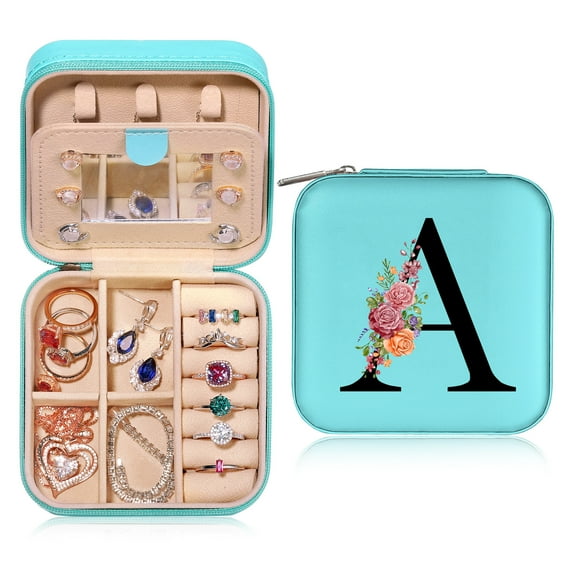 Travel Jewelry Box for Women Small Portable Travel Jewelry Box for Women Initial Organizer With Mirror Gifts for Girlfriend Wife Mother Daughter