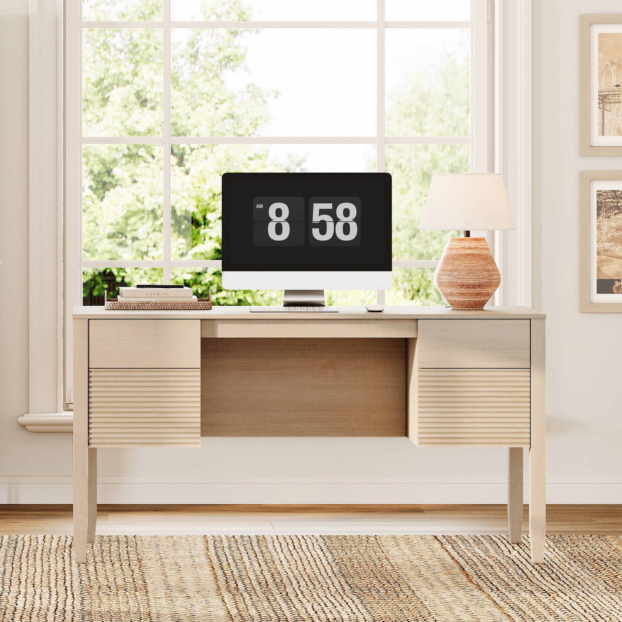 58Inch Fluted Executive Desk with Power Outlet and Doors, Modern Computer Writing Desks with Rear Storage Compartment Design, Home Office Desk with Drawers For Work And Study
