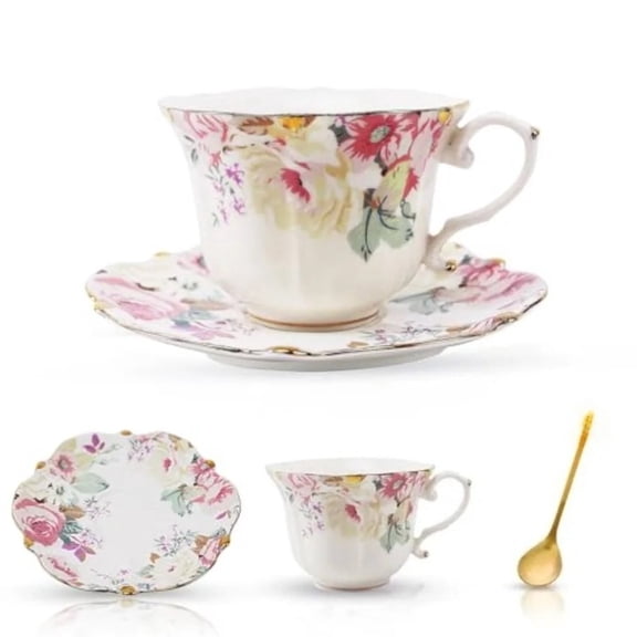 Country Roses Bone China Tea Cup and Saucer Set 3 Pieces Vintage Style for Women and Tea Parties Pink 1 Set