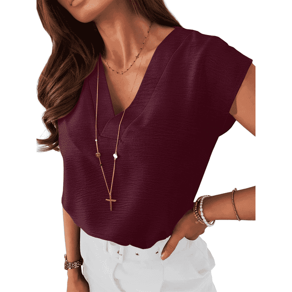 SOMER Women Dressy Top Going Out Tops V Neck Cap Sleeve Blouses for Work Office 2026 Summer Trendy Burgundy