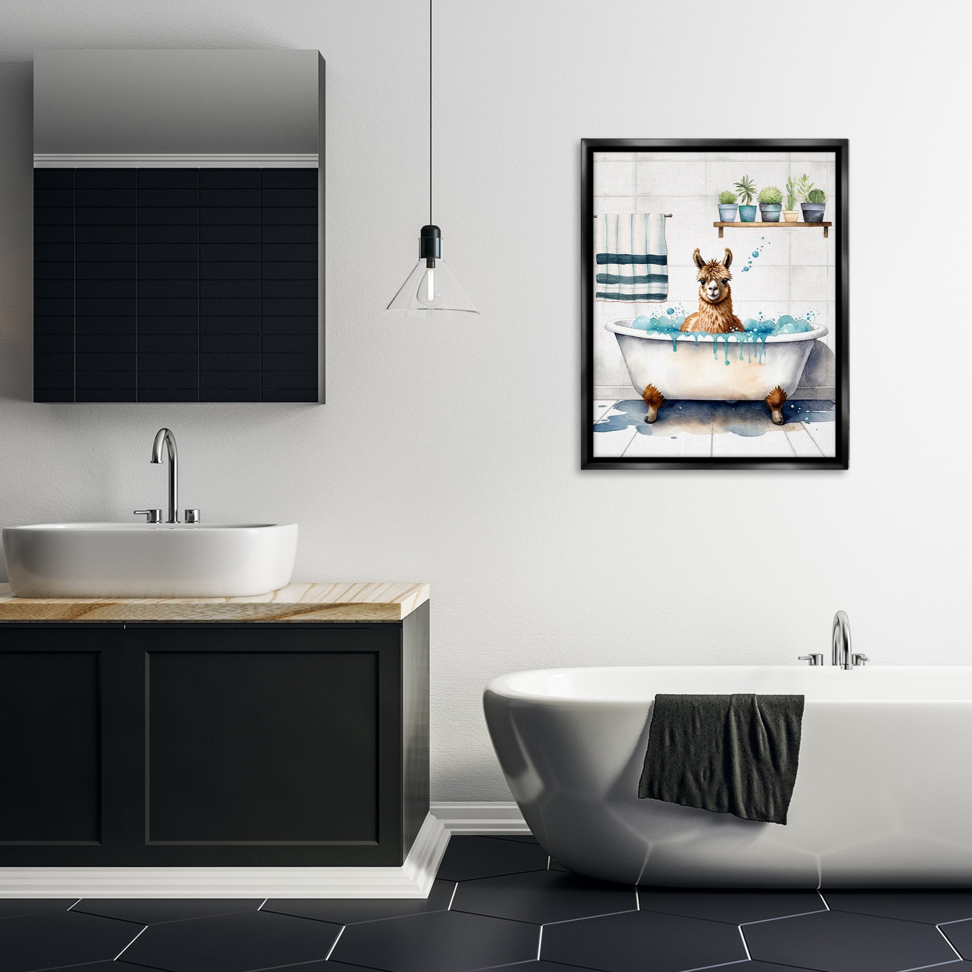 Stupell Industries Alpaca Bathtime Suds Bath & Laundry Painting Black Floater Framed Canvas Art Print Wall Art, 25 x 31