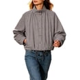 thumbnail image 3 of XINPING Women's Cropped Plaid Jacket Lightweight Casual Coat Bomber Gingham Windbreaker Jacket, Vintage Stand Collar, Long Sleeve, Loose Fit, Fall Winter Dailywear with Pockets, 3 of 6