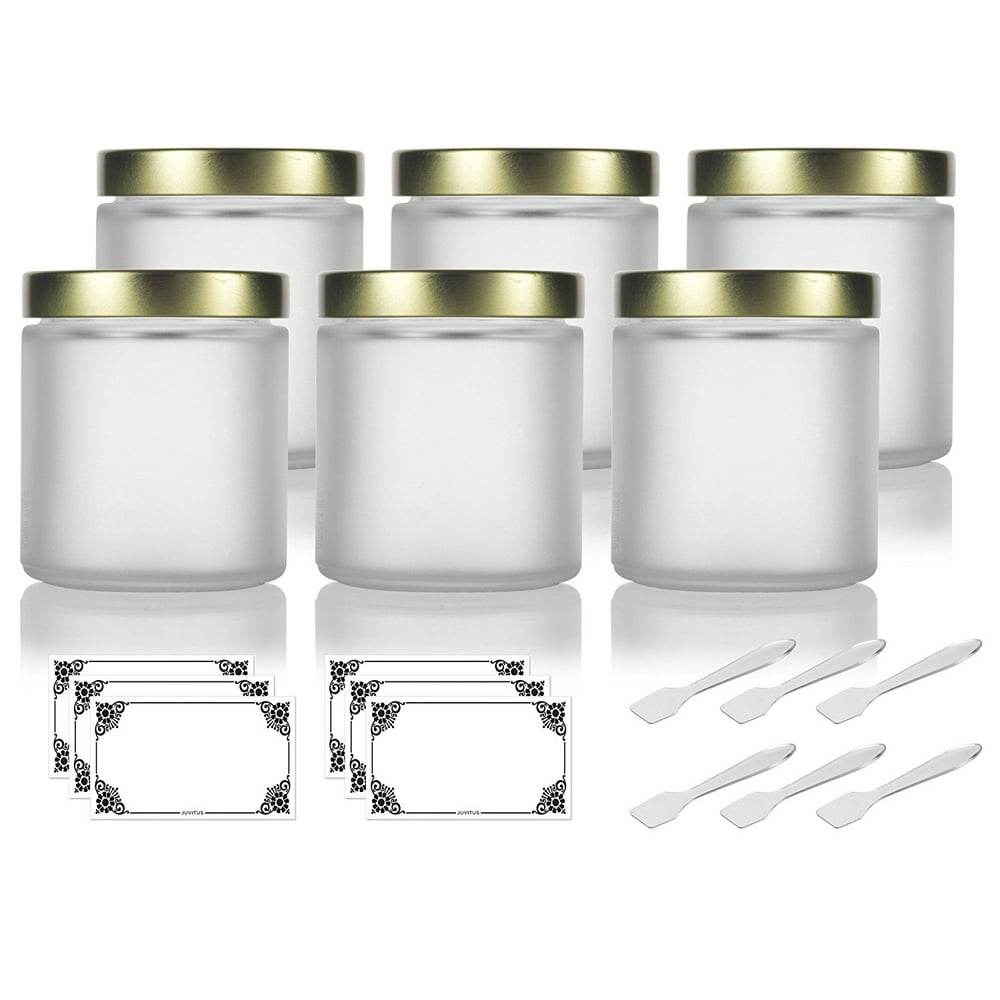 Frosted Clear Glass Straight Sided Jar with Gold Metal Airtight Lid 4 oz / 120 ml (6 pack