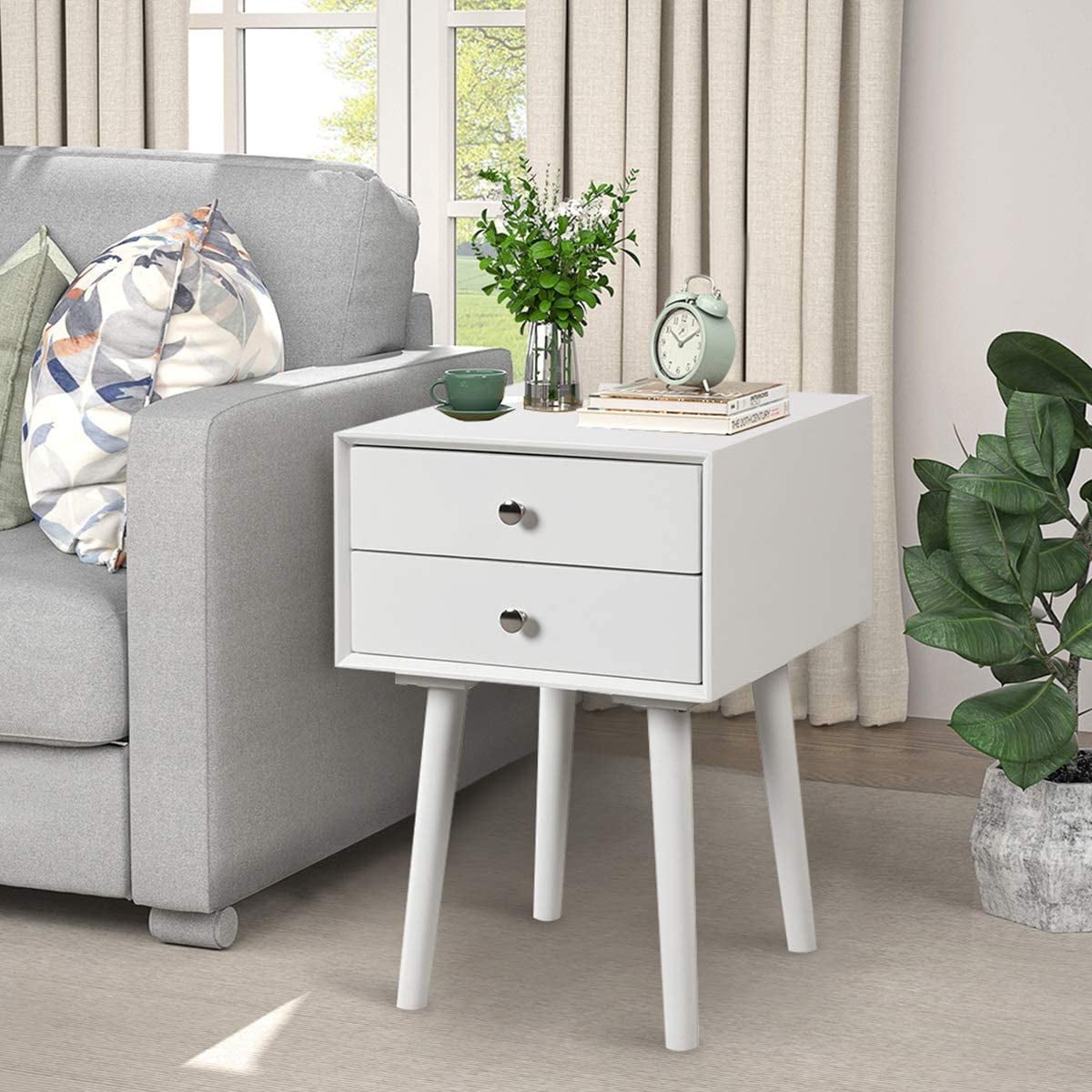 Giantex End Side Table Nightstand with Storage Drawer and Shelf, Wood Nightstand with 2-Drawers, Solid Wood Legs Living Room Bedroom Furniture