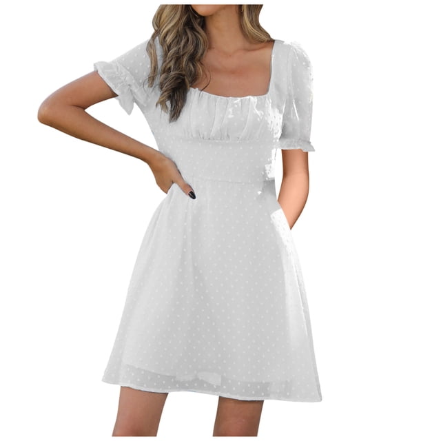 Bigersell Robes Boho pour Femmes Mode Robe à Manches Courtes à Volants Robes Formelles pour Femme Courte Régulière Robe Soleil Robes, Style 17648, Blanc TG