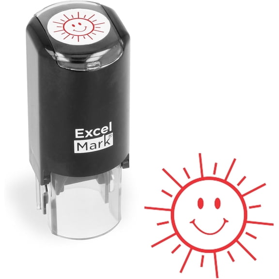 Happy Sun - ExcelMark Round Self-Inking Teacher Stamp - Red Ink