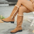 thumbnail image 2 of Womens Strappy Knee High Snow Boots Faux Suede Leather Winter Fleece Lined Boots Low Chunky Heel Warm Shoes Size 5.5--9.5 Brown, 2 of 5