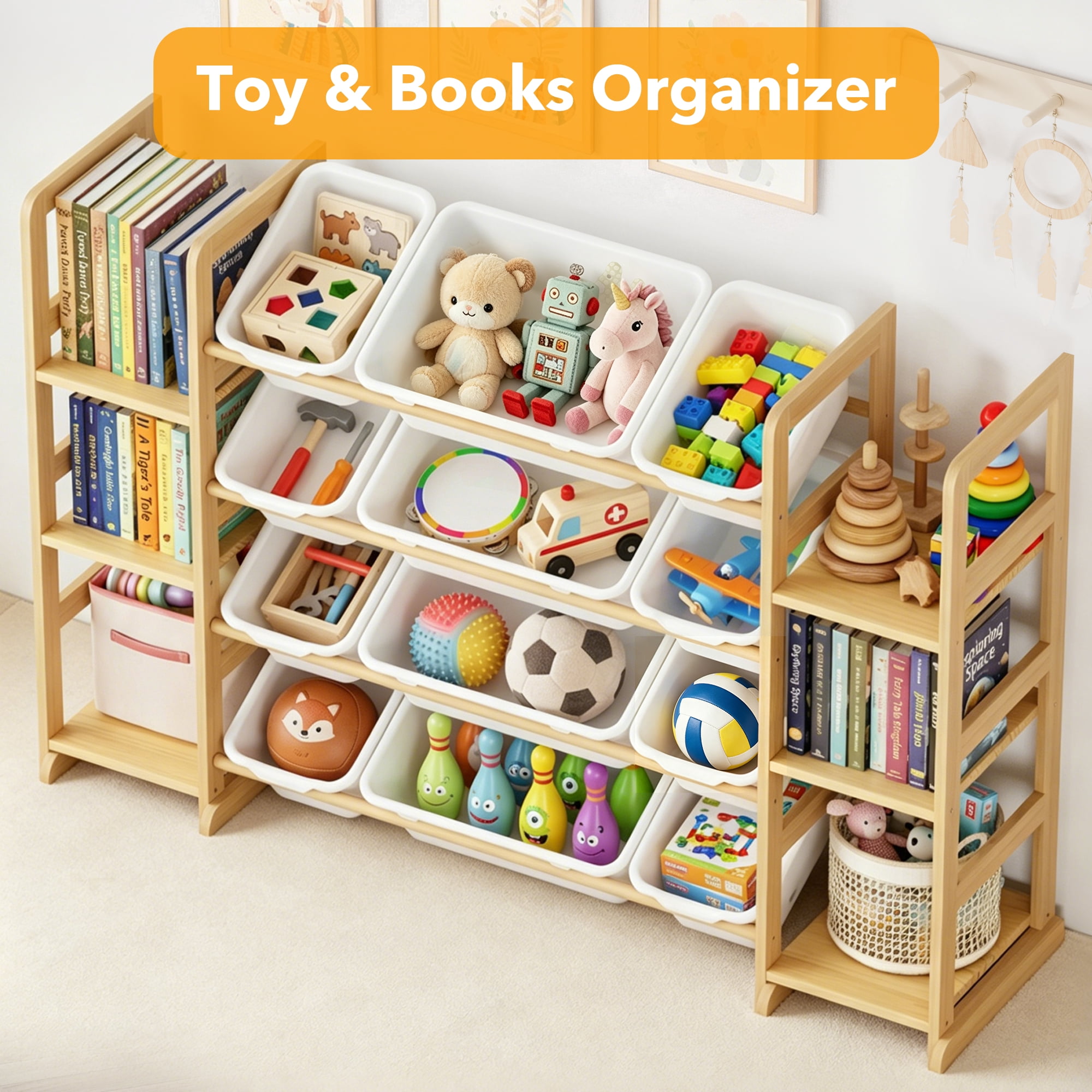 TACWILY Toy Storage Organizer with 6 Shelves and 12 Bins, Toy Organizers Storage Bookshelf, Kids Bin Shelf Toys Box Bookcase for Bedroom Playroom Organization Room Decor, White