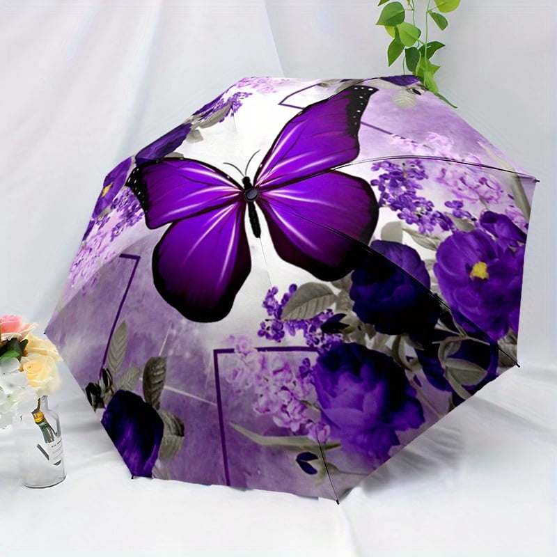 1 automatic folding umbrella - compact and lightweight travel umbrella with elegant purple floral butterfly and lilac patterns