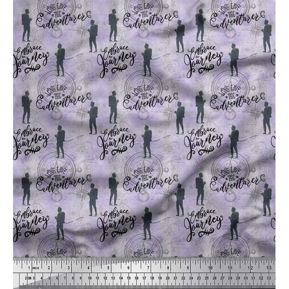 Soimoi Purple Cotton Voile Fabric Men & Direction Compass Holiday Print Fabric by the Yard 42 Inch Wide