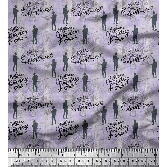 Soimoi Purple Silk Fabric Men & Direction Compass Holiday Decor Fabric Printed Yard 42 Inch Wide