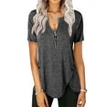 thumbnail image 1 of Uhndy Women Summer Solid Short Sleeve Zipper V-Neck T-Shirt Casaul Loose Fit Blouse Tee Tops Plus Size Grey S, 1 of 2