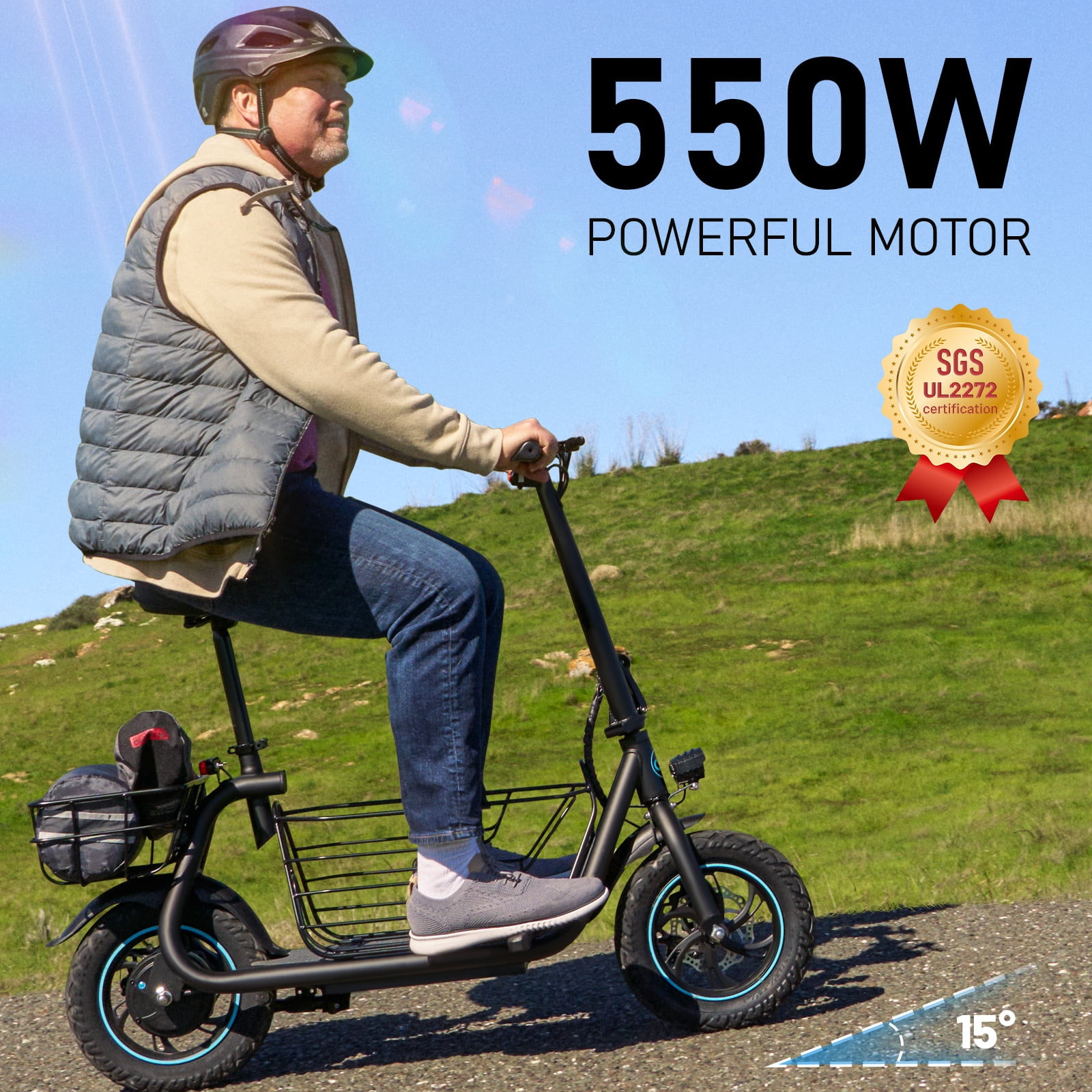 Kistp 550W Electric Scooter Seat Adult 12 inch Commuter Pets Front Back Basket Pets Bigger 20 Miles 18 6MPH