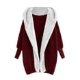 thumbnail image 1 of BVnarty Women's Plus Size Hooded Sweatshirt Coat Winter Warm Plush Pockets Cotton Two Color Block Cardigan Long Bishop Sleeve Outwear Wine M, 1 of 5