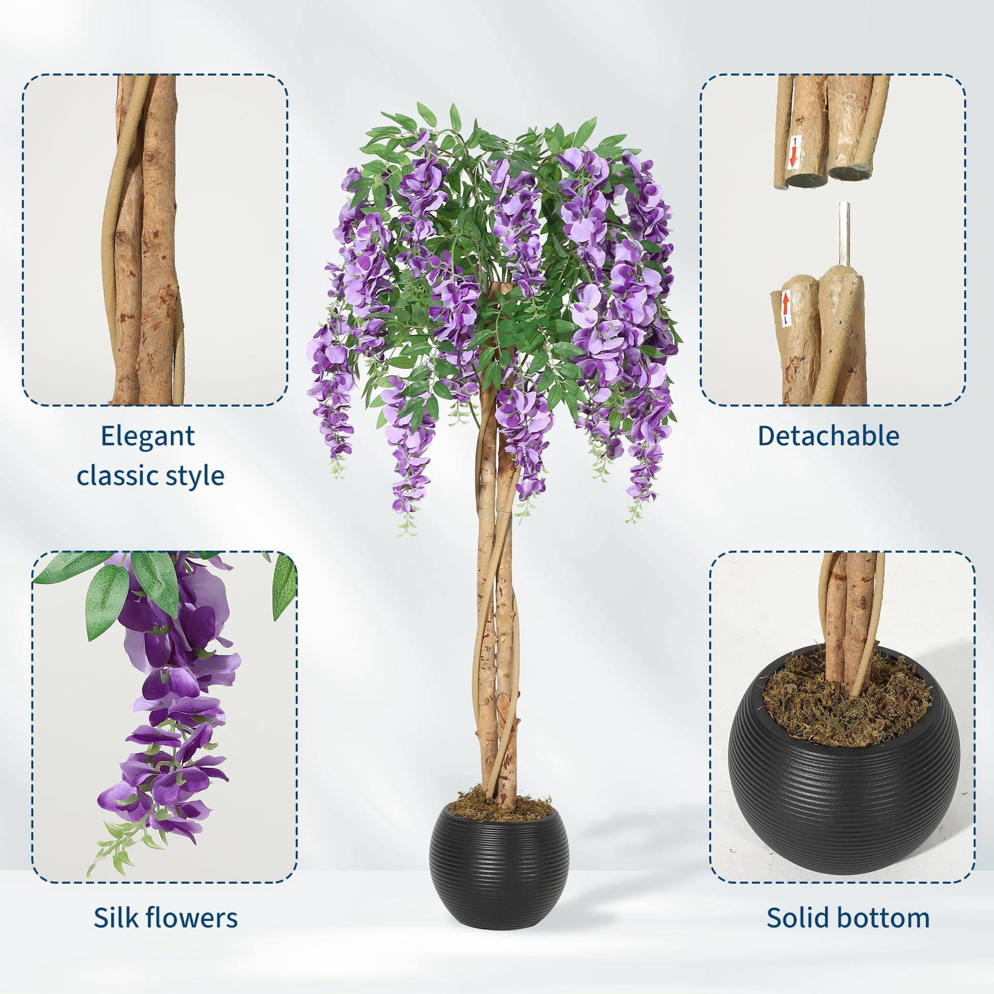 Garvee 5 Feet Artificial Purple Bean Flower Tree, Purple Red Silk Fake Plant with Cement Pot - Lifelike Hanging Vine & Moss for Home Décor, Living Room, Office, Wedding, or Photo Backdrop