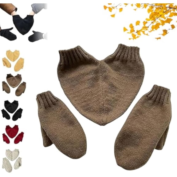 Couples Hand Holding Heart Mittens Set, Winter Warm Knitted Mittens, Love Holding Hands Knitted Gloves for Lovers (Brown)