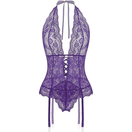 Women Teddy Lingerie Deep V Lace Bodysuit Lingerie Garter Set | Walmart ...
