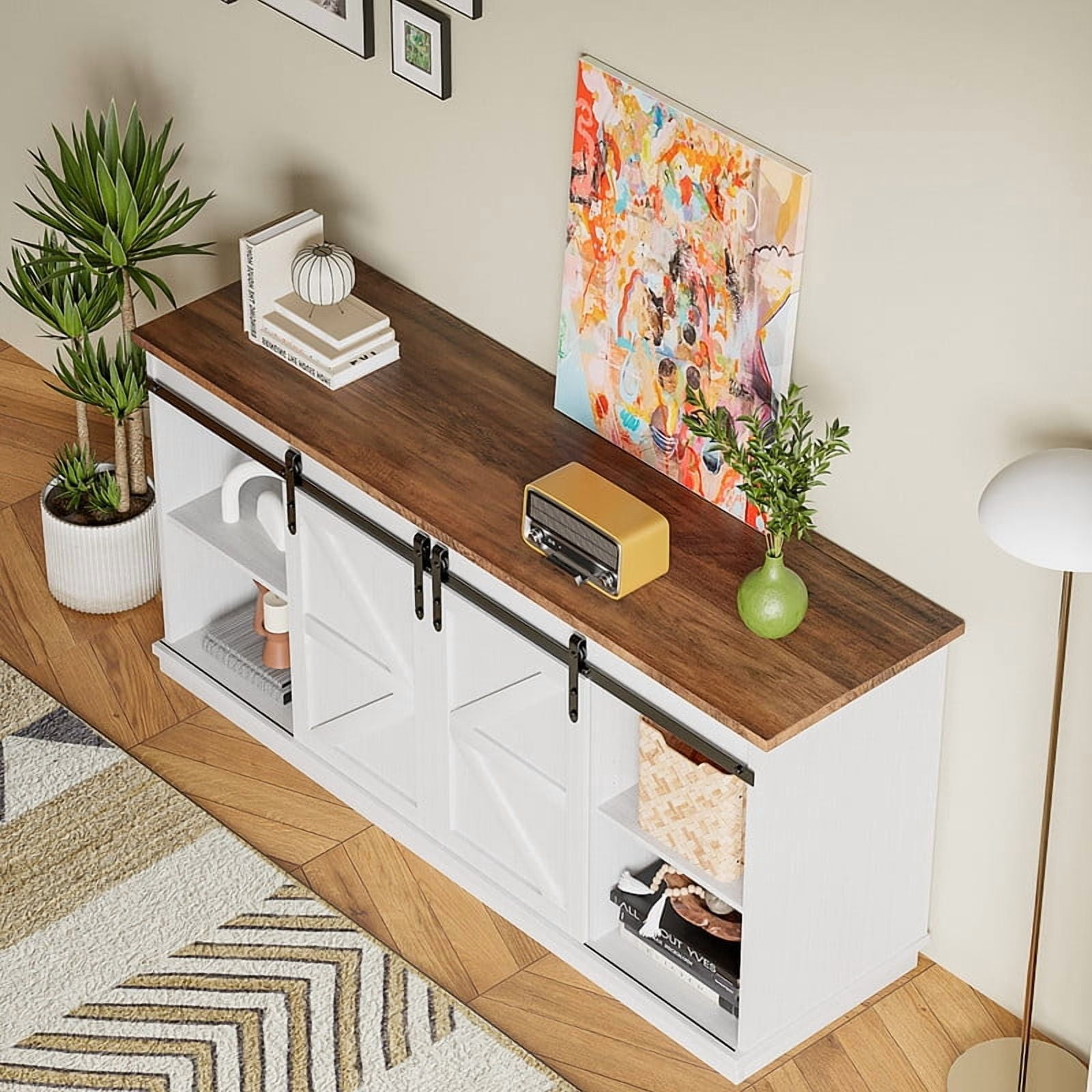 Vineego Rustic Modern TV Stand for 65-Inch TVs - Entertainment Center with Storage Cabinet & Sliding Barn Door Design,White