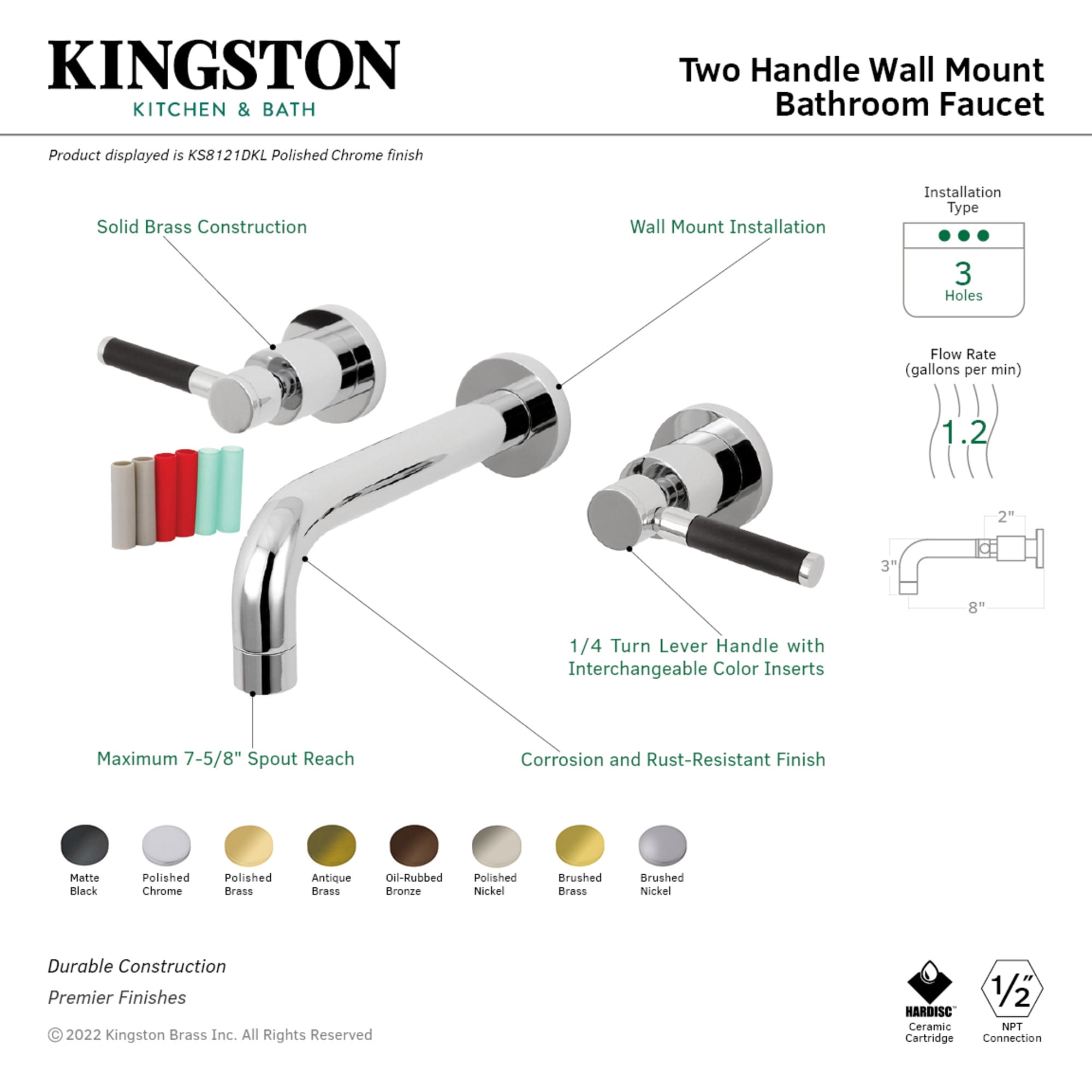 Kingston Brass KS8120DKL Kaiser Double-Handle 3-Hole Wall Mount Bathroom Faucet in Matte Black