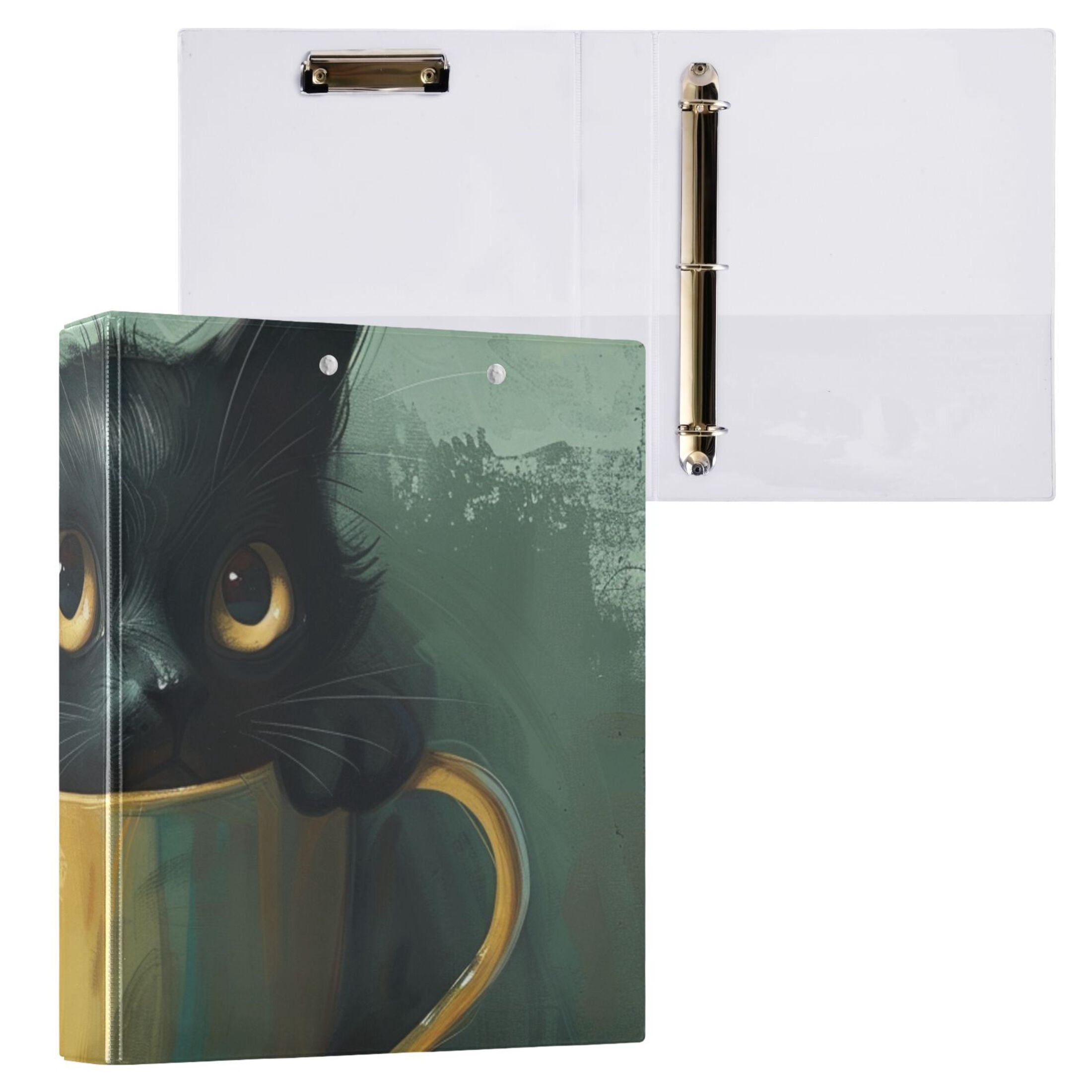 Cat Cup 3 Ring Binders 1.5 inch Hardcover File Folders with Interior Pockets A4 Size Organizer for School Office Hospital Set of 2
