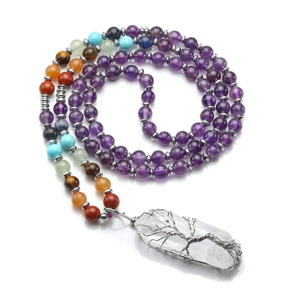 LWQCHW Natural Amethyst 7 Chakras Healing Crystals Necklace Wire Wrapped Clear Quartz Pendant Healing Pointed Reiki Energy Balancing(Amethyst Crystal)