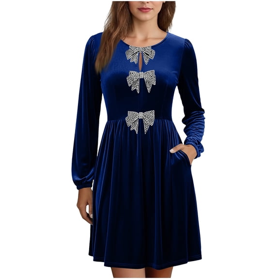 Mifsaly Velvet Long Sleeve Dress Women 3 Bowknots Elegant Velour Midi Dresses Cocktail Evening Party High Wasit Tunic Gowns Business Travel Festival Fashion Gown Outfits Dark Blue XL