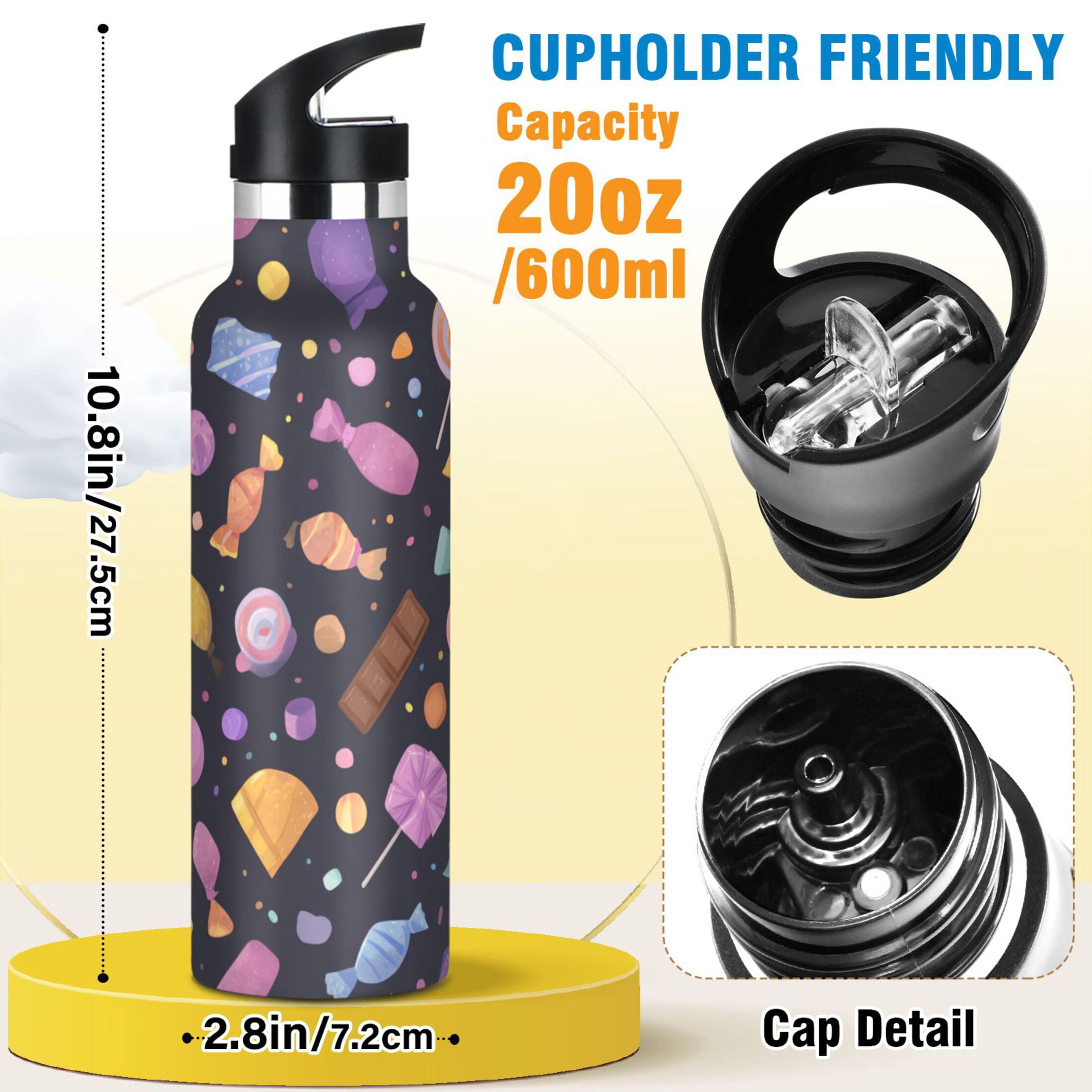 Kids Insulated Stainless Steel Sports Water Bottle 600ml (20oz) Colorful Candy and Sweets