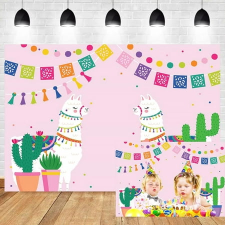 Image of Llama Backdrop 7x5ft Alpaca Desert Cactus Pink Photography Background Mexican Festival Party Banner