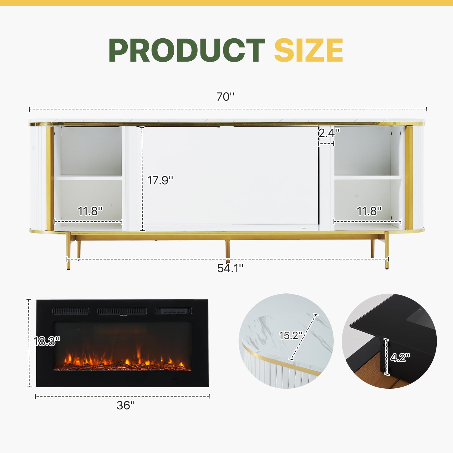 BaPiPro 70" Fireplace TV Stand with 36" Electric Fireplace for TVs up to 80", Modern Luxurious Media Console Entertainment Center with Curved Design, White