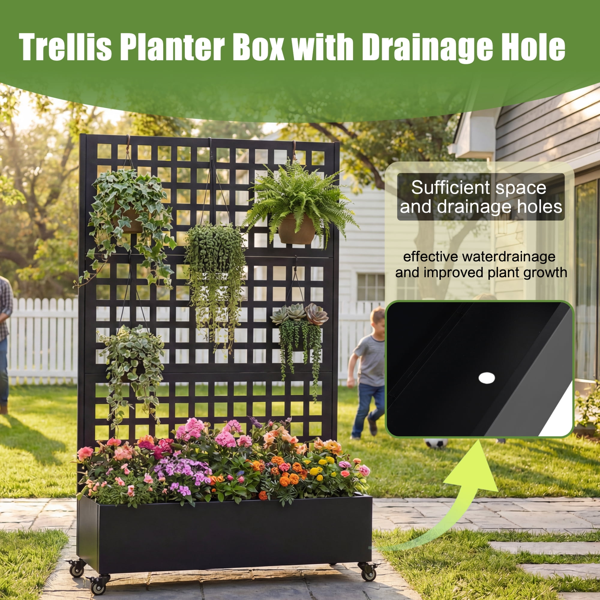 Jopath Metal Raised Garden Bed with Wheels and Trellis,Features Privacy Screen and Drainage Holes Planter Box for Climbing Plants, Vegetables and Vines 73"x47"x16" (Black 5)