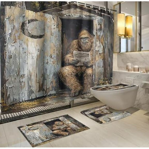 4Pcs Vintage Bigfoot Shower Curtain Sets,Funny Bathroom Decor with Non-Slip Rug,Toilet Lid Cover,Bath Mat with 12 Hooks,Farmhouse Bathroom Sets Decor Bigfoot Shower Curtain Funny Shower Curtain