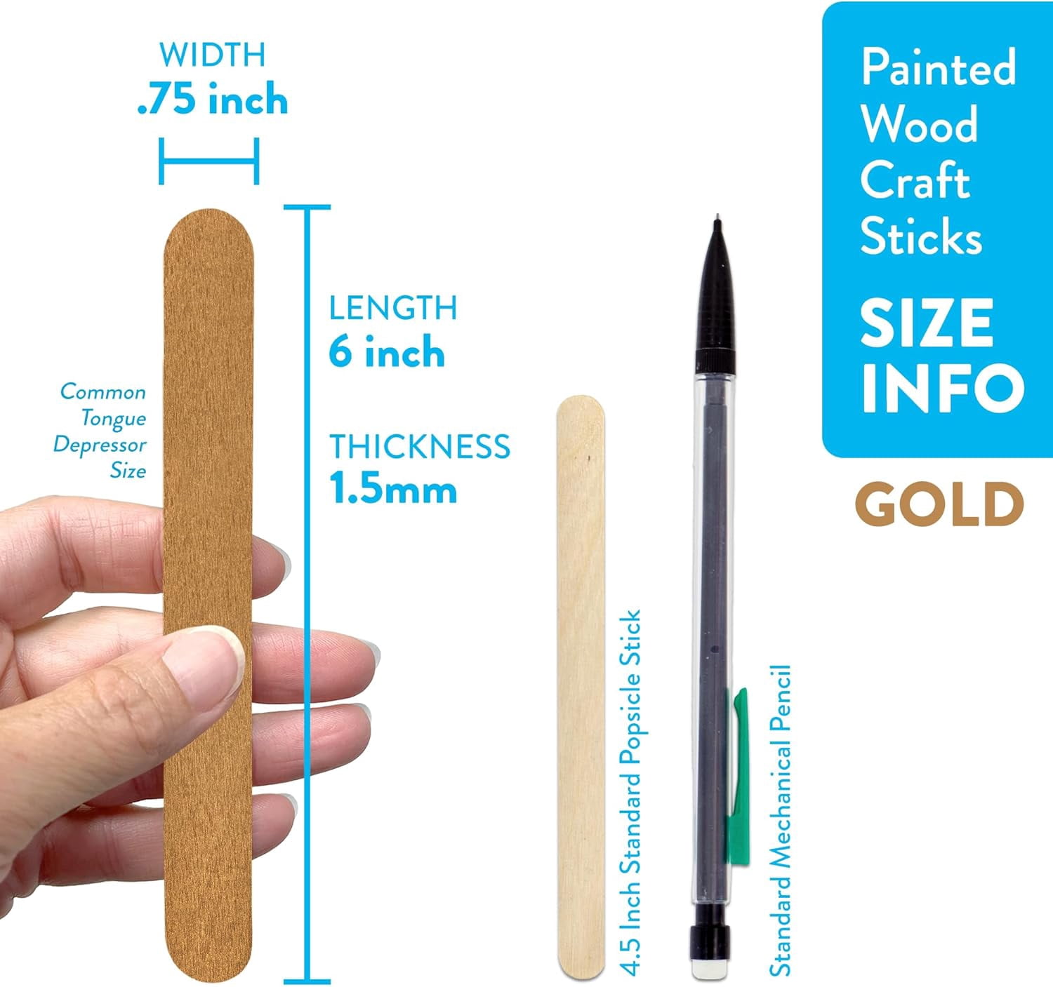CraftySticks- 300 Pack 6 Inch Gold Metallic Painted Wood Craft Sticks, Jumbo Popsicle Sticks for Crafts, Learning and STEM Basics