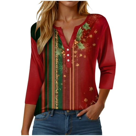 larppty Women 3/4 Sleeve Button Up Christmas Shirt Oversized Casual Dressy Henley Neck Tunic Tops Comfy Soft Lightweight Blouse (Dark Green, S)