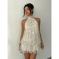 thumbnail image 6 of Apricot Floral Embroidered Halter Neck Tiered Chiffon Mini Dress For Women, 6 of 8