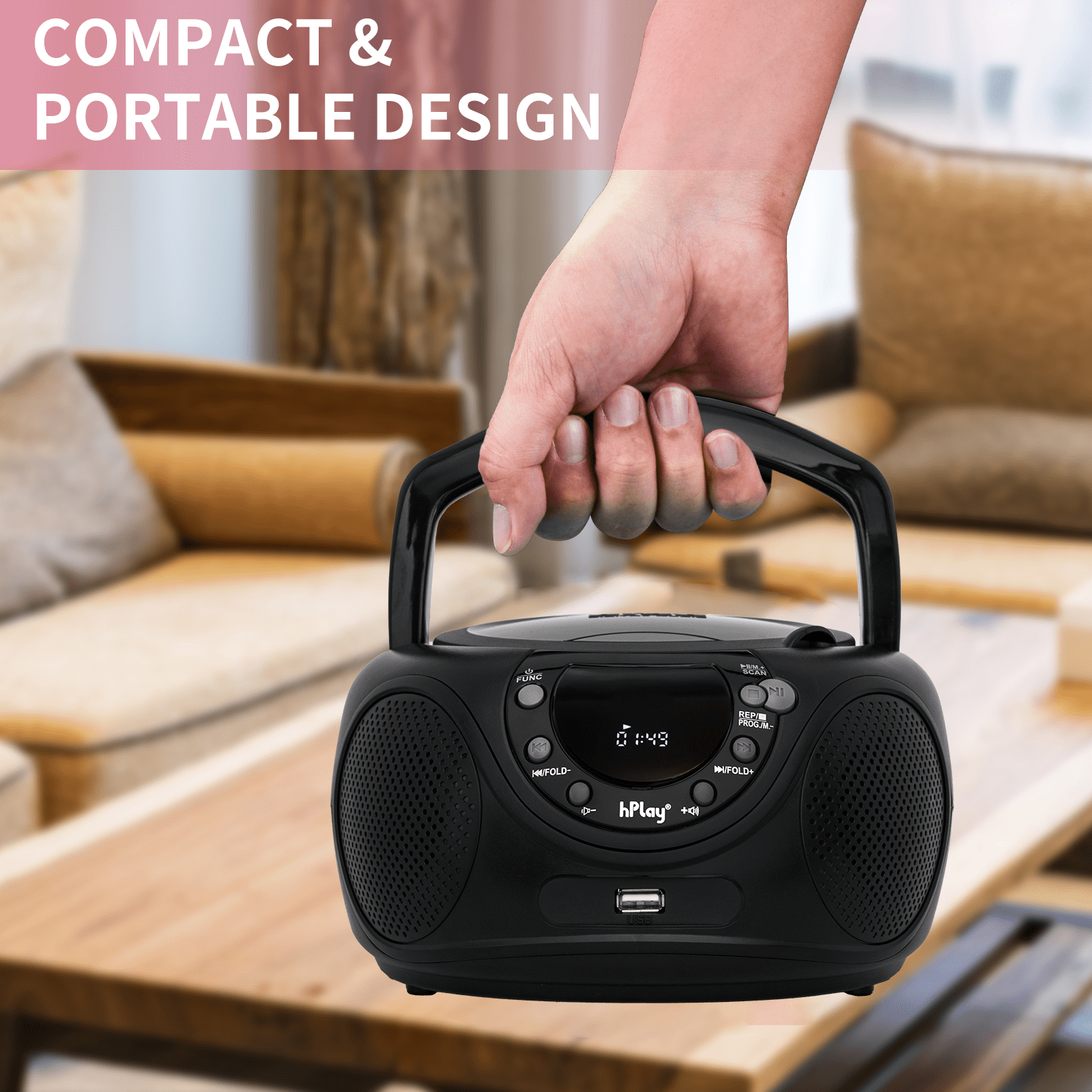 hPlay P16 Portable CD Player Boombox with Bluetooth, FM Digital Radio, USB/MP3 Playback, Aux-in & Headphone Jack - AC/Battery Powered Stereo System (Black)