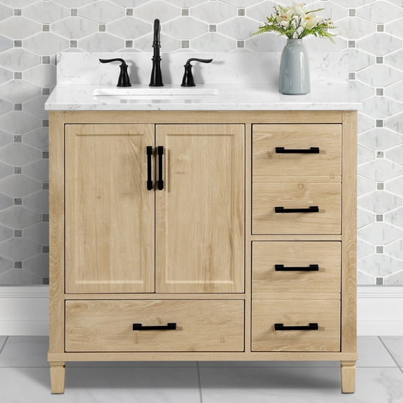 Hardin 36" Single Bathroom Vanity, 37" W x 19" D x 34.5" H, Carrara White Quartz Top, Sink & Backsplash, Light Wood, MDF, Pre-Assembled, 3 Soft-Close Drawers & 2 Doors, Adjustable Feet