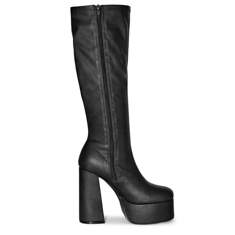Wild Diva Retro High Platform Chunky Block Heel Knee Length Boots