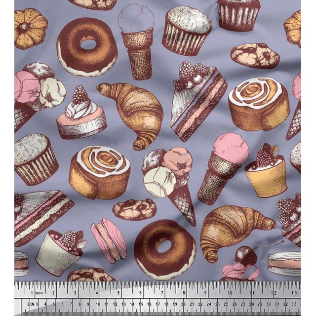 Soimoi Rayon Fabric Cupcake,Donut & Cookies Food Print Fabric by Yard 42 Inch Wide