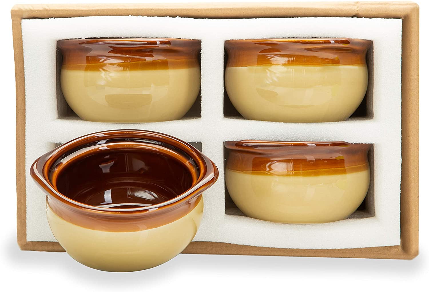 Stock Your Home French Onion Soup Crocks with Handles & Lids (4 Pack) - 15  Ounce Oven Safe Soup Bowls - Two-Toned Brown & Ivory Porcelain Soup Crocks