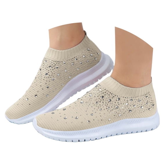 Dakaela Women's Mesh Walking Shoes Rhinestone Glitter Slip on Jazz Latin Dance Sock Sneakers Beige 5.5