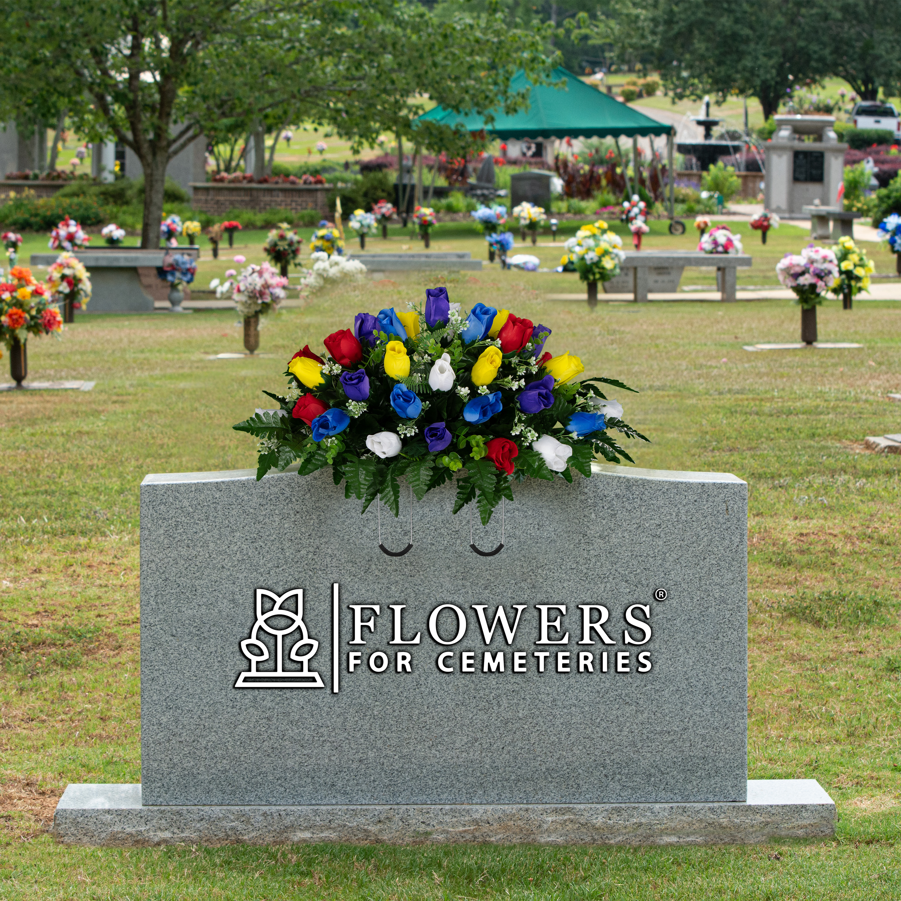 Sympathy Silks Artificial Cemetery Flowers 30" Multi-Color Rose Buds Saddle for Headstone
