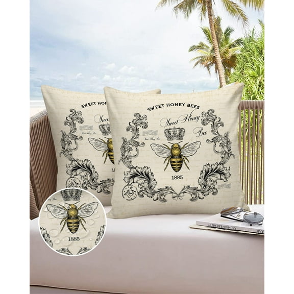 Outdoor Throw Pillow Cover Rustic Bee Crown Waterproof Cushion Covers 2 Pack Vintage Newspaper Sweet Honey Animals Pillow Cases Home Decoration for Patio Garden Couch Sofa